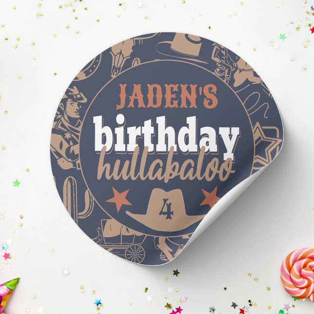 Adesivo Festa de "Aniversário Hullabaloo" Ocidental do Cow (cowboy Wild West birthday hullabaloo kids birthday party blue orange tan custom name and age)