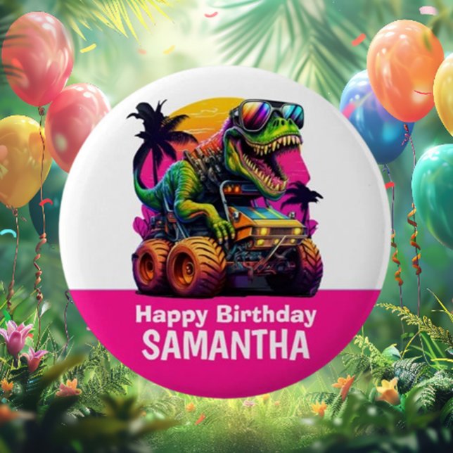 Adesivo Festa de aniversário PINK Dino-Mite MONSTER TRUCK (Celebrate in style with our PINK Dino-Mite MONSTER TRUCK birthday party stickers!)