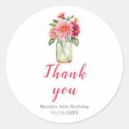 Adesivo Festa de aniversário Rosa Dahlias Mason Jar