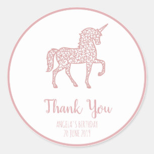 Adesivo Festa de aniversário rosa Unicorn Obrigado Texto