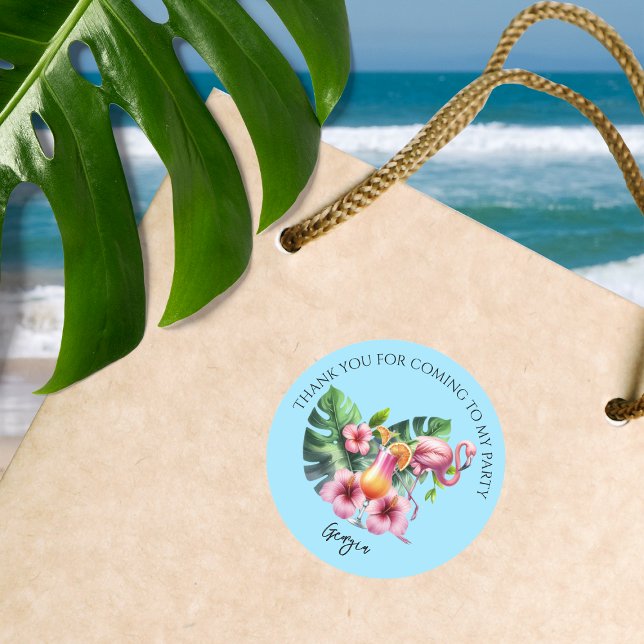 Adesivo Festa de aniversário Tropical Flamingo Obrigado (Tropical Flamingo Birthday Party Thank You Stickers.  Add some tropical beach vibes to your party.)