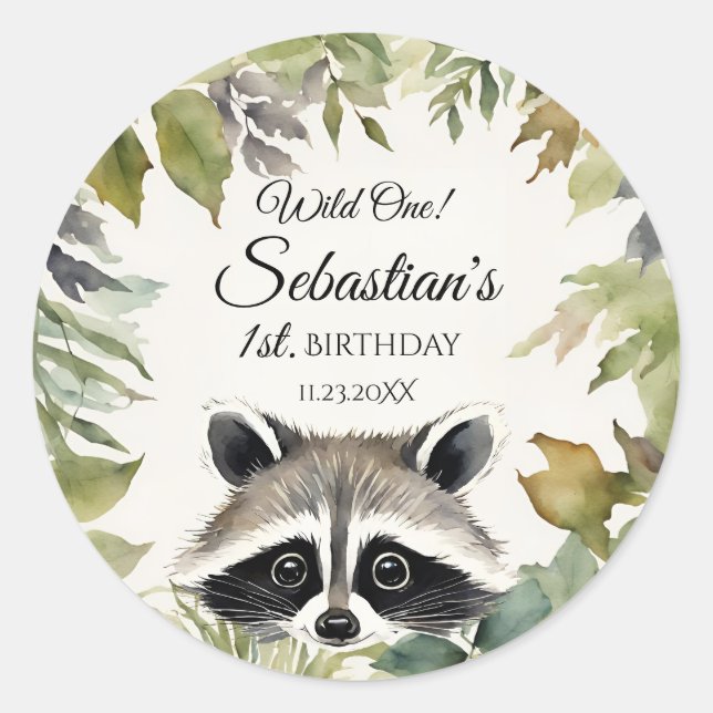 Adesivo Festa de aniversário Wild One Woodland Raccoon (Frente)
