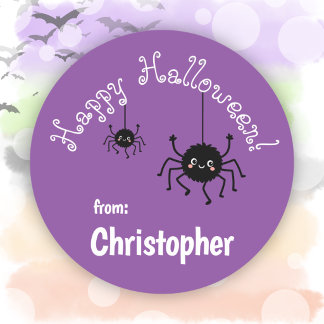 Adesivo Festa de Aranhas Fofas Favor Violeta Feliz Hallowe