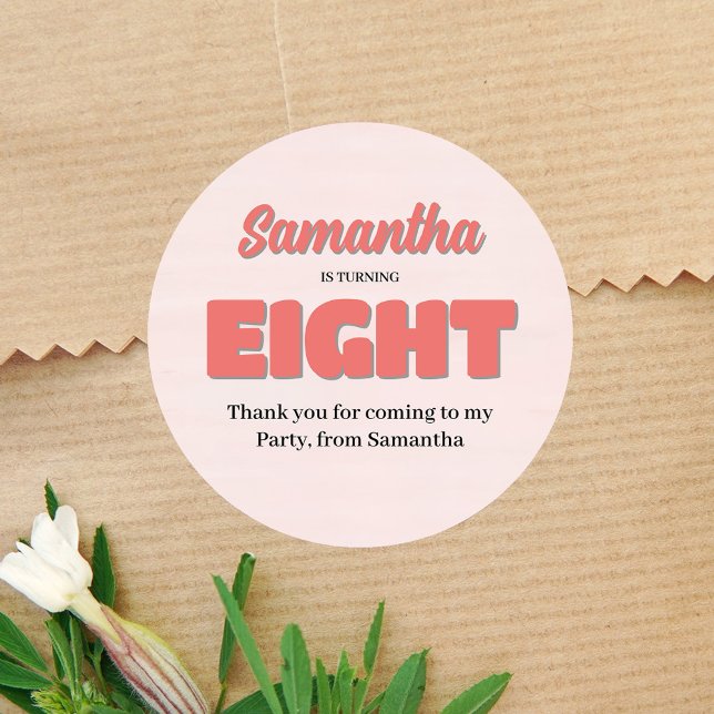 Adesivo Festa de Bairro Rosa, Floral (Pink eighth birthday party sticker template. )