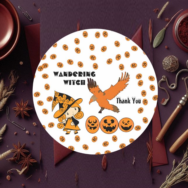 Adesivo Festa de Bruxas Vergindo Diversão de Halloween Rav (Wandering Witch Party Halloween Raven Pumpkins Fun Classic Round Sticker)