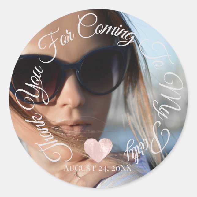 Adesivo Festa de Data de Obrigado por Vir Foto Coração (Frente)