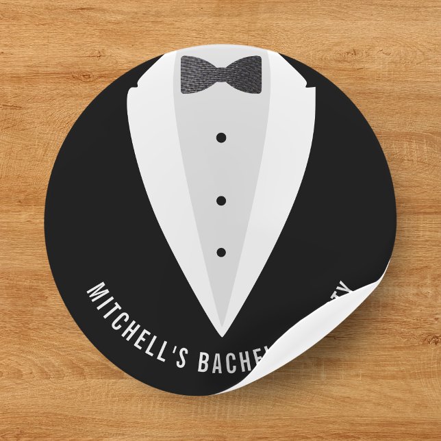 Adesivo Festa de Despedida de Solteiro Terno Preto & Grava (Bachelor Party Black Suit & Bowtie Classic Round Sticker
)