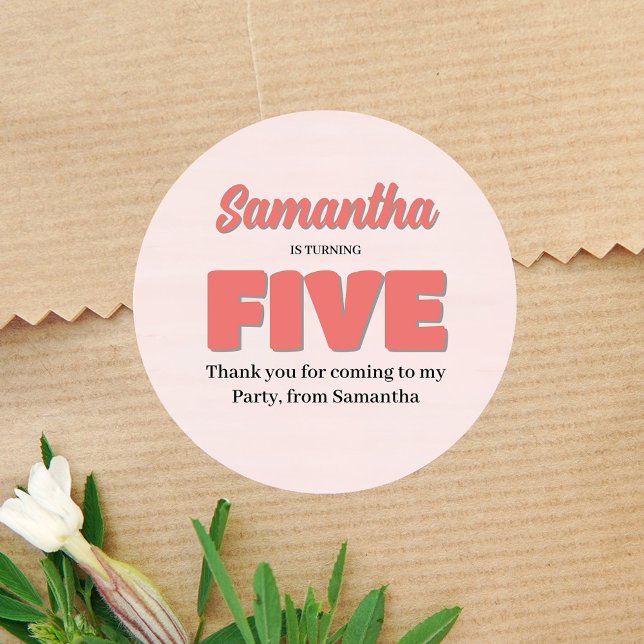 Adesivo Festa de Garota de Quinto Aniversário Rosa Floral (Pink Fifth Birthday Party Custom Favor sticker)