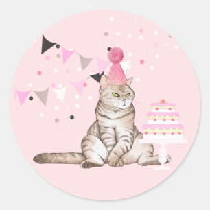 Adesivo Festa de Gato de Aniversário Rosa