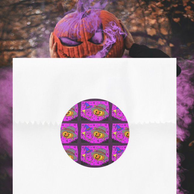 Adesivo Festa de Halloween Jack O'Lanterna Roxo (Halloween Party, Jack o' Lantern and Bugle Pattern Classic Round Sticker)