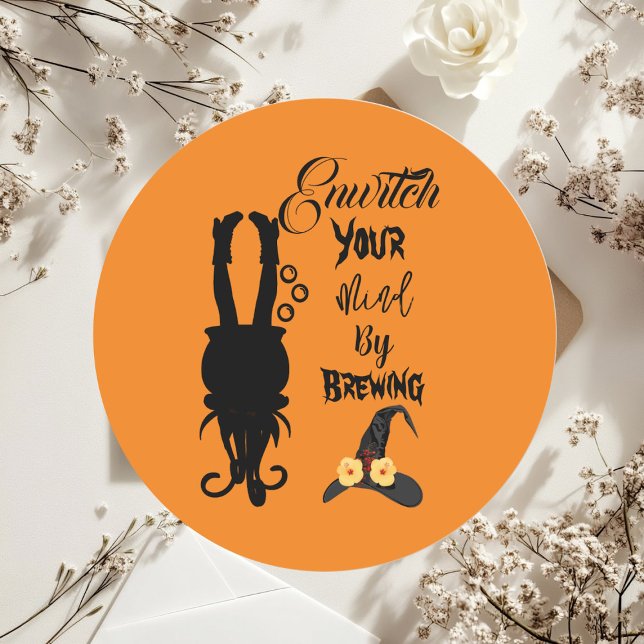 Adesivo Festa de Halloween Spooky Funky Cauldron Witch Hat (Spooky Funky Halloween Party Cauldron Witch Hat Classic Round Sticker)