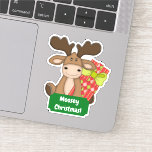 Adesivo Festa de Natal<br><div class="desc">Aqui está uma maneira fofa de desejar a todos um "Natal de Moosey!". Um pequeno alce marrom tem um pacote de presentes com um padrão brilhante e um sinal verde que mantém seu texto personalizado. *Crédito de Design para Imagens Digitais de Sucata.</div>