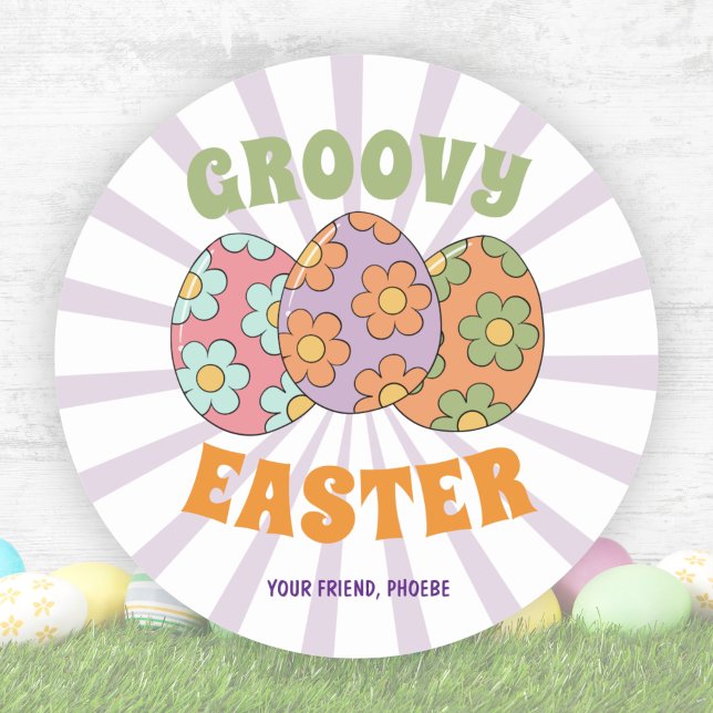 Adesivo Festa de Páscoa Retro Purple Groovy Fofa (Cute Purple Retro Groovy Easter Party Classic Round Sticker)