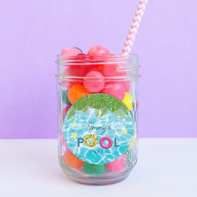 Adesivo Festa de Piscinas Tropicais Nadando Piscina Aniver (Tropical Pool Party Swimming Pool Birthday Classic Round Sticker)