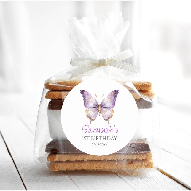 Adesivo Festa de primeiro aniversario de borboletas roxas  (Criador carregado)