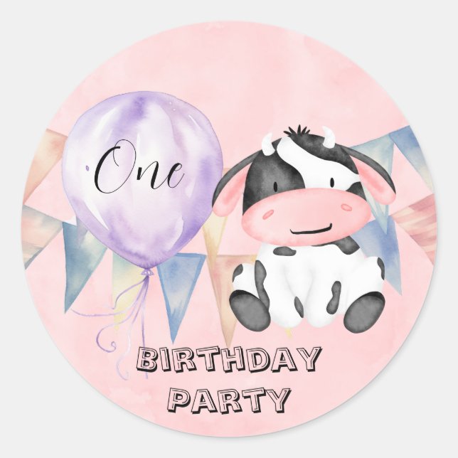 Adesivo Festa de primeiro aniversario de Moo Cow Girl (Frente)