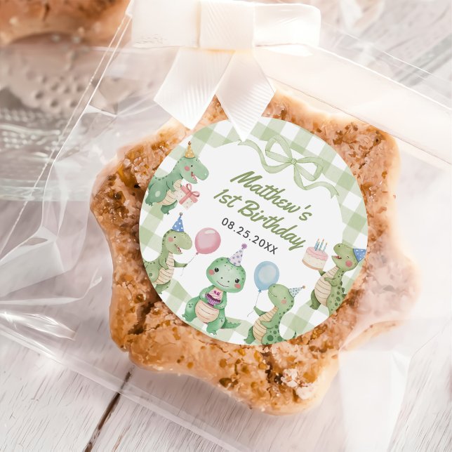 Adesivo Festa de primeiro aniversario do Dinossaur Gingham (Criador carregado)