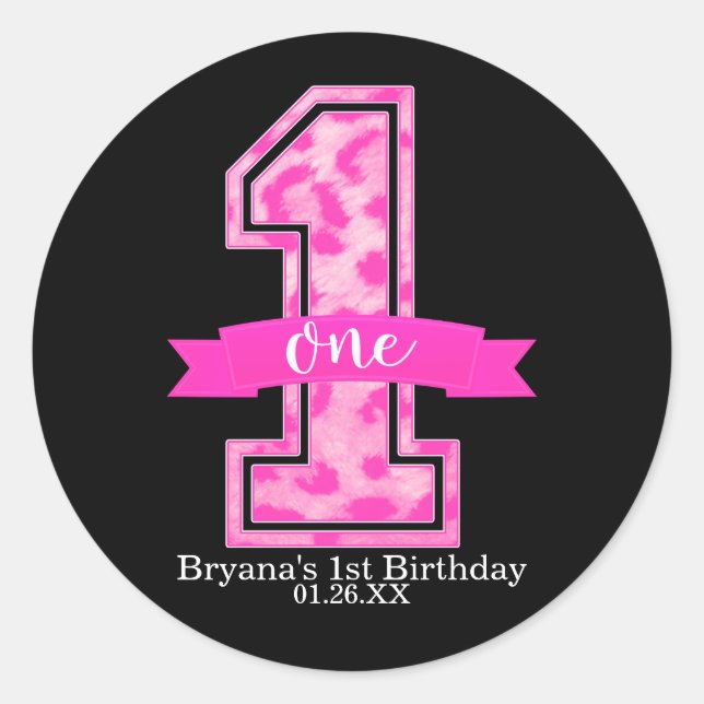 Adesivo Festa de primeiro aniversario Rosa Leopardo Cheeta (Frente)