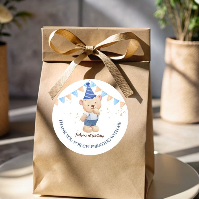 Adesivo Festa de ursinho de pelúcia personalizada (Boys teddy bear birthday party thank you favor sticker personalized customized favor stickers)
