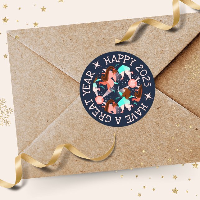 Adesivo Festa de vamos! Ano Novo (A fun round 'party time!' sticker with dancing people, stars, disco balls and champagne.)