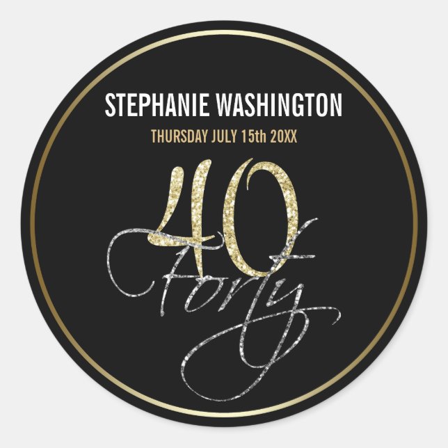 Adesivo Festa Formal de Prata Preta e Dourada de aniversár (Frente)