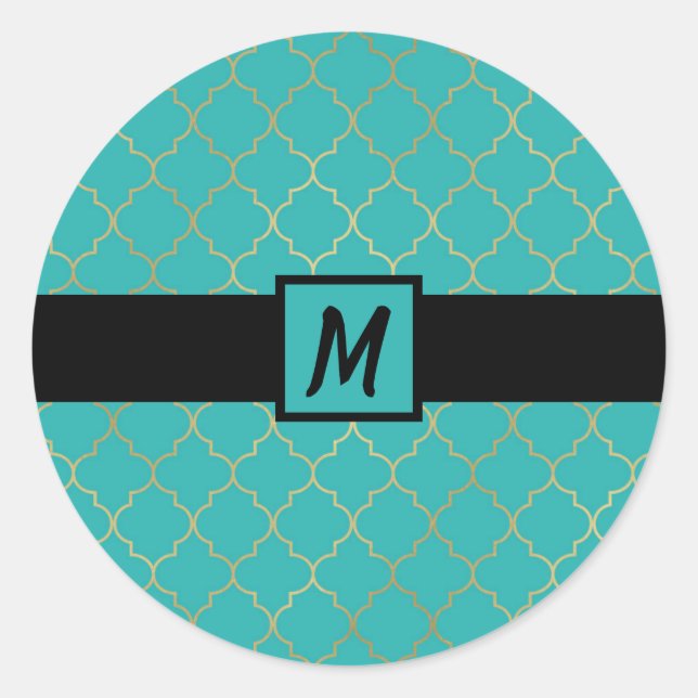 Adesivo Festa Monogramada de Quatrefoil Teal e Dourado (Frente)