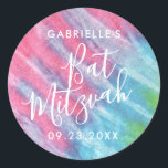 Adesivo Festa Pink Tie Dye Bat Mitzvah Muito Obrigado<br><div class="desc">O adesivo personalizado Pink,  Turquoise e Aqua Blue Tie Dye para um Hippie Chic Bat Mitzvah com nome personalizado e texto de data é excelente para selagens de envelopes de convite e etiquetas de favoritos. Parte de uma coleção projetada por Paper Grape para Zazzle.</div>