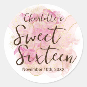 Adesivo Festa Sweet 16 em Aquarela Rosa Chic e Dourado