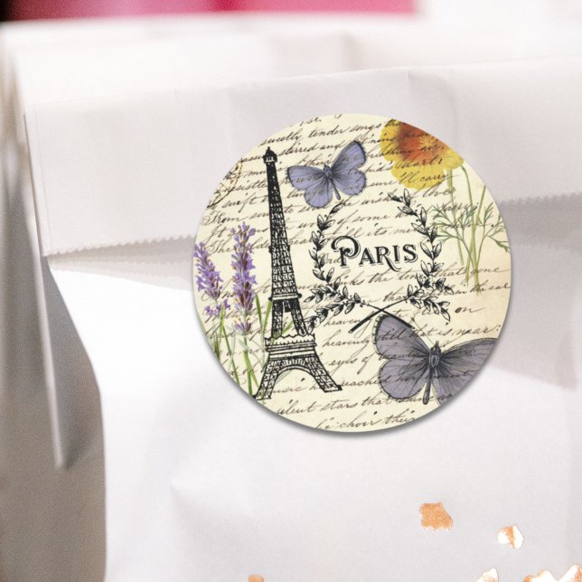 Adesivo festa vintage rústica francesa torre eiffel Paris (vintage rustic french eiffel tower Paris Party Classic Round Sticker)