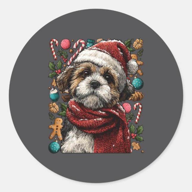 Adesivo Festive Shih Tzu With Santa Hat Snowy Winter Chris (Frente)