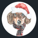 Adesivo Festivo Aquarela Papais noeis Dachshund Natal<br><div class="desc">Feliz Howlidays! Adicione um sotaque festivo aos seus cartões, convites e envelopes com este adesivo de férias personalizável. Ele apresenta um dachshund de aquarela vestindo um chapéu de Papai Noel. Personalize este adesivo de feriado dachshund adicionando seus detalhes. Este adesivo de Natal para cães está disponível em outros estoques de...</div>