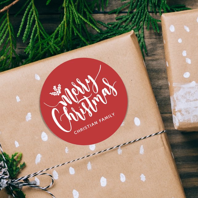 Adesivo Festivo Feliz Natal Personalizado Vermelho (Festive Merry Christmas Personalized Red Classic Round Sticker)