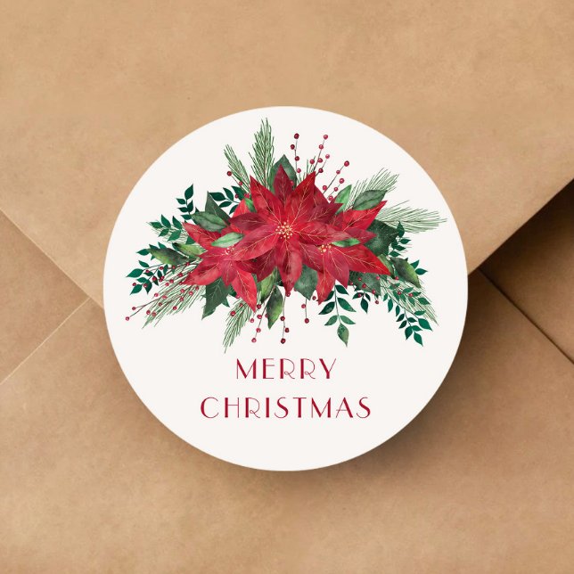 Adesivo Festivo Floral Vermelho Poinsettia Feliz Natal (Festive Floral Red Poinsettia Merry Christmas Classic Round Sticker)