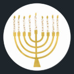 Adesivo Festivo Menorah Hanukkah Celestial Desenho<br><div class="desc">Velas de folha de ouro falsa para a comemoração de Chanucá. A ilustração menorah Whimsical com estrelas brancas cobria velas celestiais em um falso suporte de velas menorah dourada. Menorah starry Hanukkah ilustrou presentes de design e produtos de papel.</div>