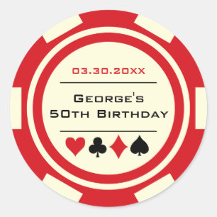 Adesivo Ficha de Poker Divertida de Aniversário Vermelha e