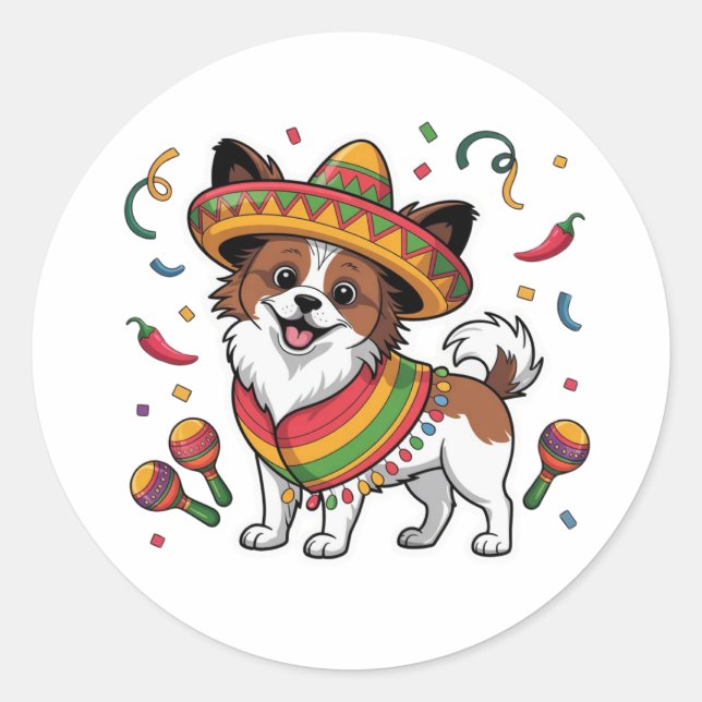 Adesivo Fiesta Papillon Dog Vestindo Sombrero e Sarape (Frente)