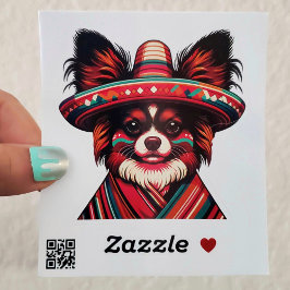 Adesivo Fiesta Papillon Dog Vestindo Sombrero e Sarape