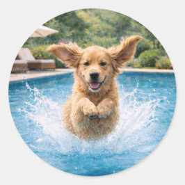 Adesivo Filhote de Retriever Dourado Mergulho na Piscina