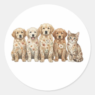 Adesivo Filhotes de Golden Retriever Fofos & Gatinho