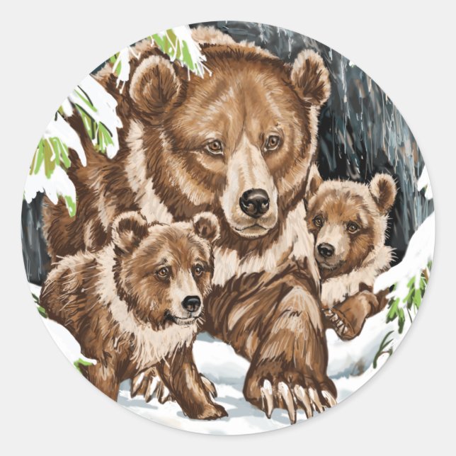 Adesivo Filhotes e Mãe do Urso Grizzly no inverno (Frente)