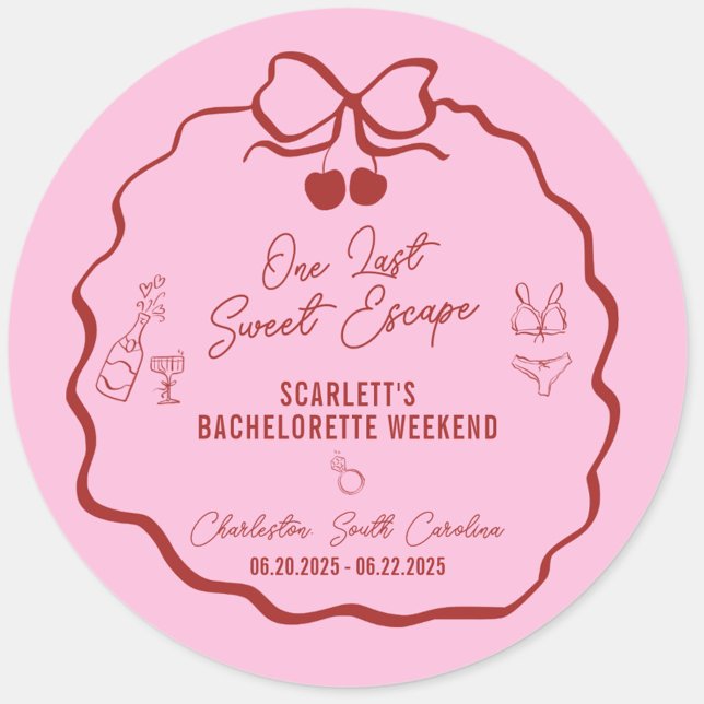 Adesivo Fim de semana de despedida de solteira rosa e verm (One Last Sweet Escape bachelorette weekend sticker ,favors, gifts, and décor in red and pink)