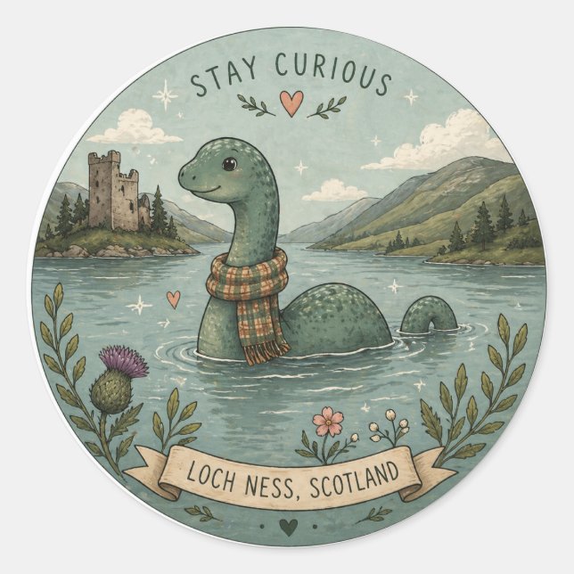 Adesivo Fique Curioso Aconchegante Críptido Nessie Monstro (Frente)