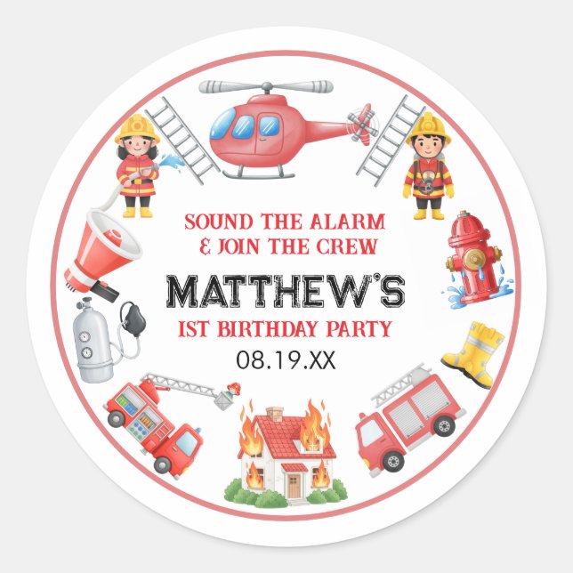 Adesivo Firetrucks Boy 1st Birthday | Cute Little party (Frente)