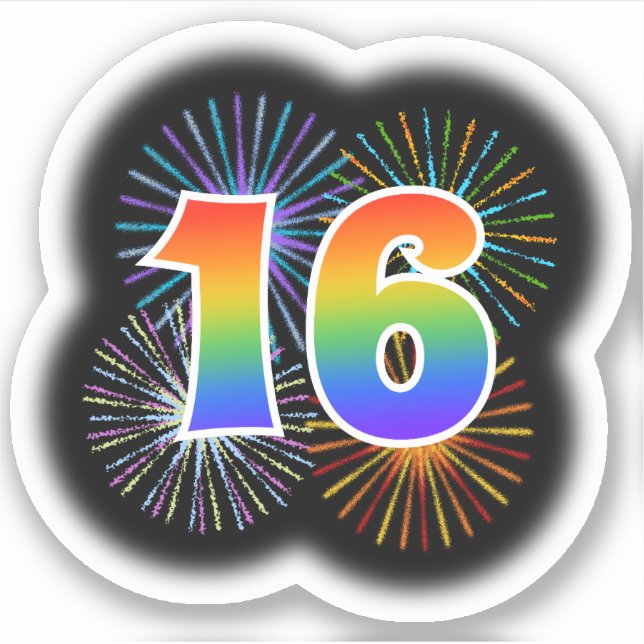 Adesivo Fireworks divertido + Rainbow Pattern "16" Event # (Frente)
