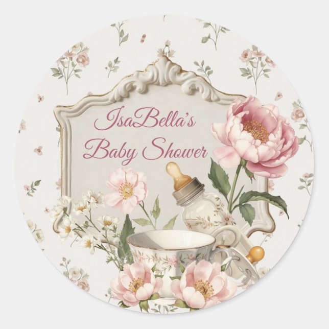 Adesivo First Bloom Baby Shower Classic Round Sticker (Frente)