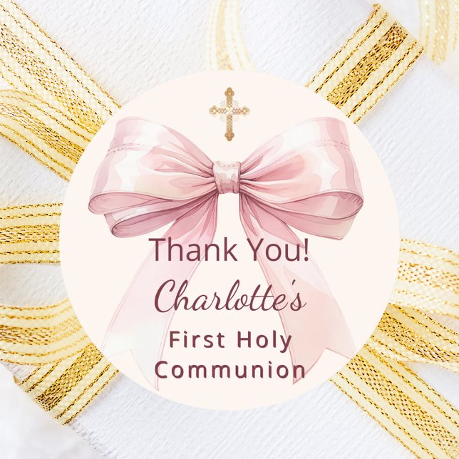 Adesivo First Communion pink bow ivory cross thank you (Criador carregado)
