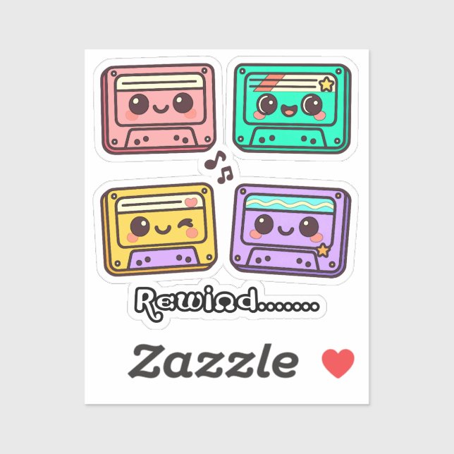 Adesivo Fita Cassete Retro Fofa "Rebobinar" Design Kawaii (Folha)