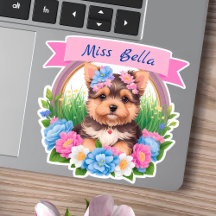 Fita rosa, Yorkshire e flores coloridas personaliz
