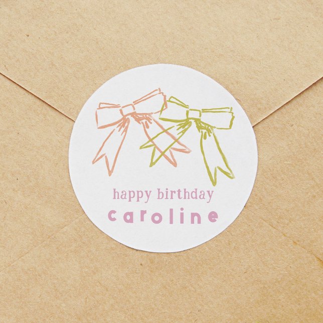 Adesivo Fitas e Arcos Aniversário (Ribbons and Bows watercolor round Happy Birthday sticker.)