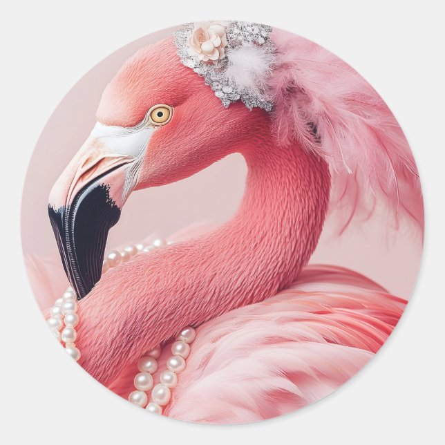 Adesivo Flamingo Rosa Elegante com Pérolas e Penas (Frente)